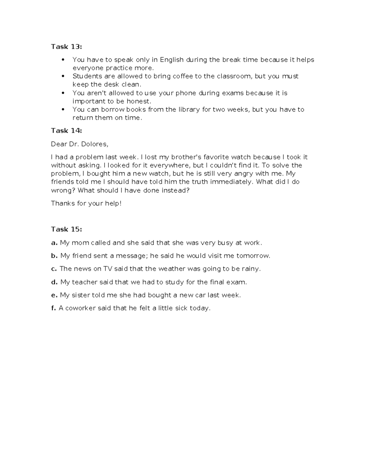 Tasks 13 to 15 - English Work Assignments - Studocu