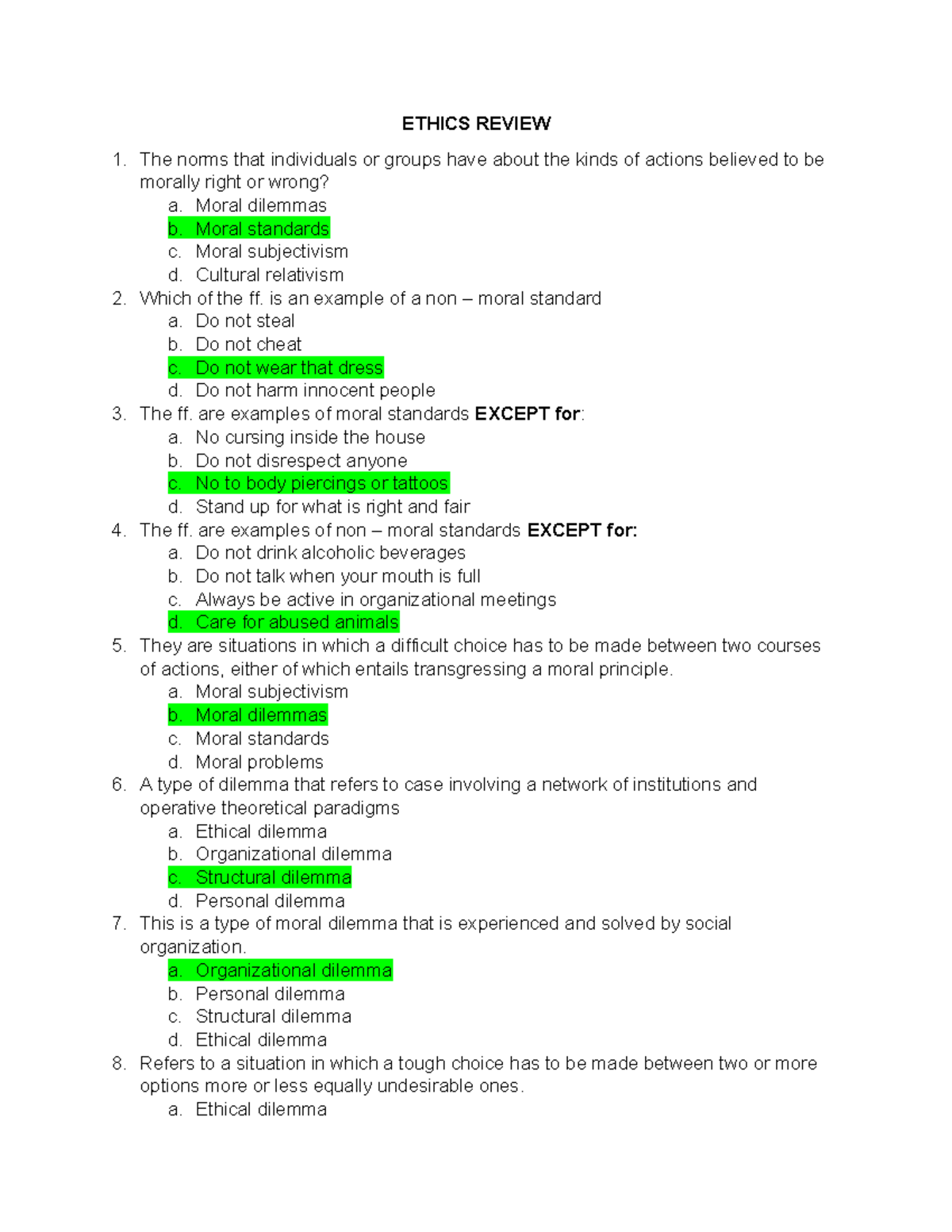 ETHICS 101: Comprehensive Review Answer Key for Exam Preparation - Studocu