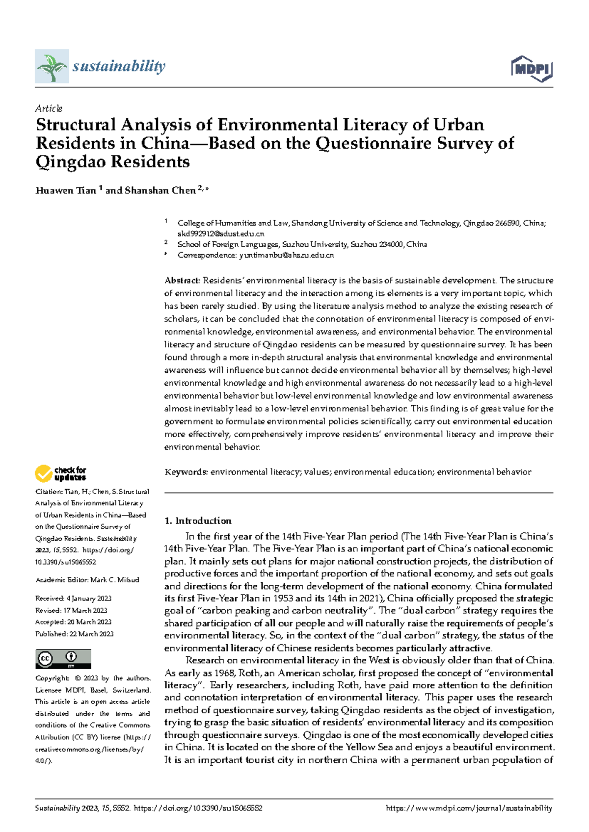 Structural Analysis of Environmental Literacy Among Qingdao Residents ...