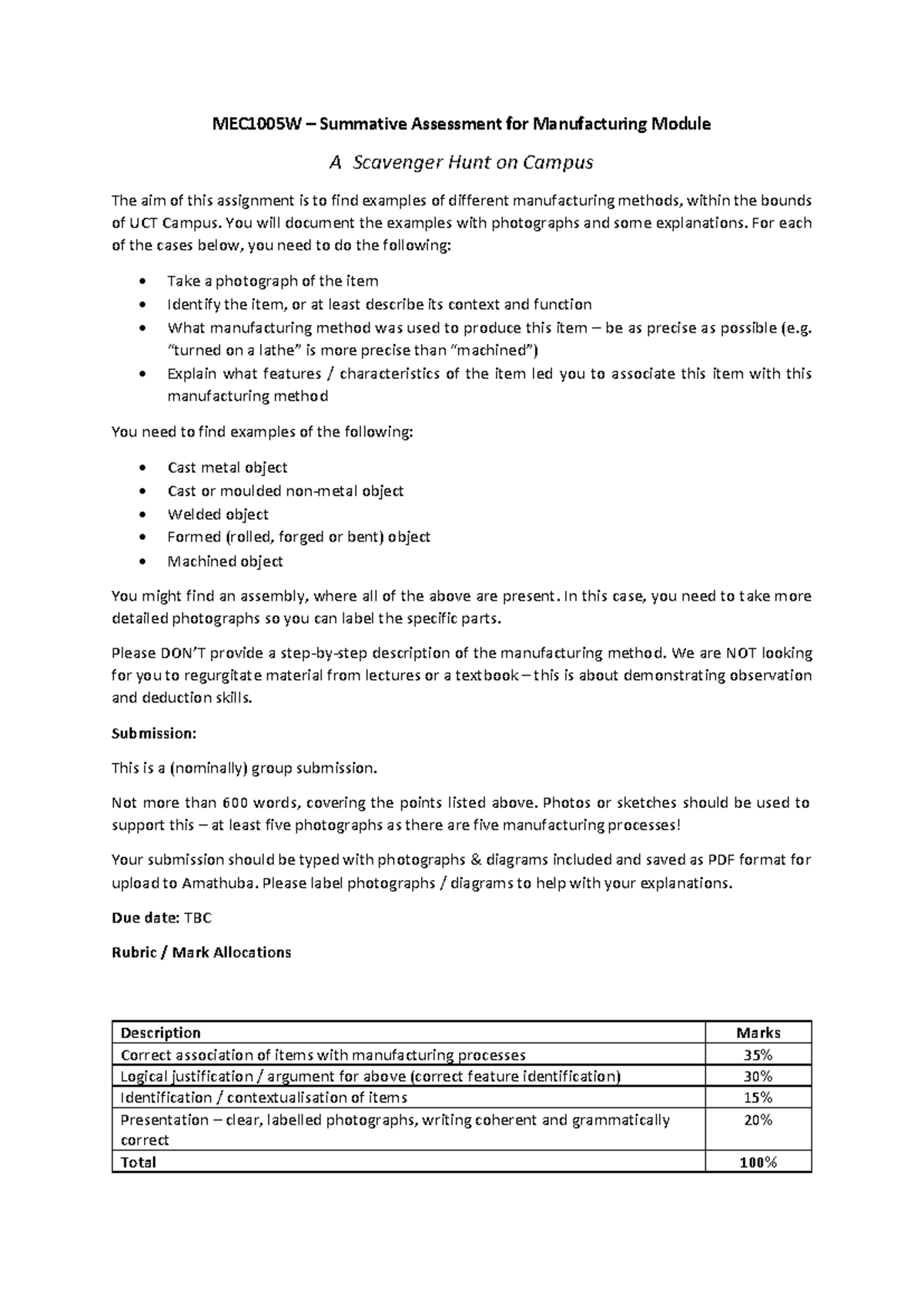 MEC1005W Manufacturing Campus Scavenger Hunt Assignment Guide - Studocu