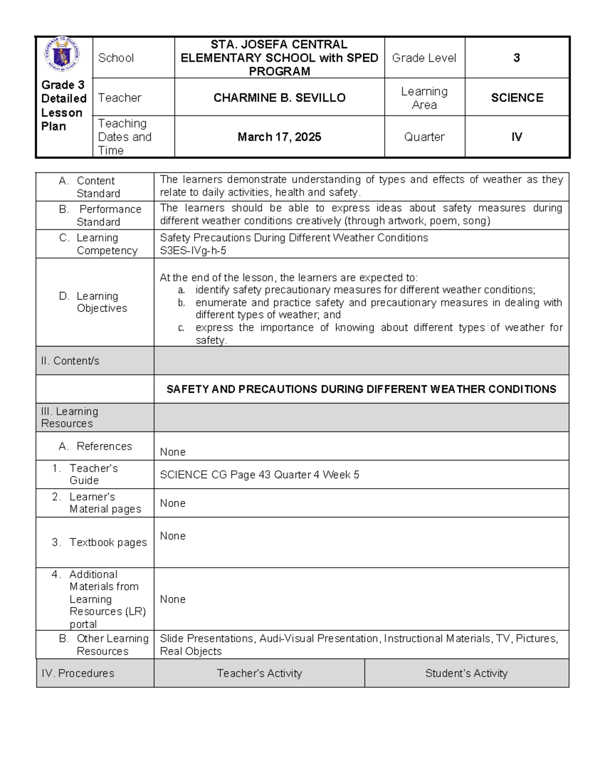 LESSON PLAN FOR TEACHING SCIENCE 3 - Grade 3 Detailed Lesson Plan ...