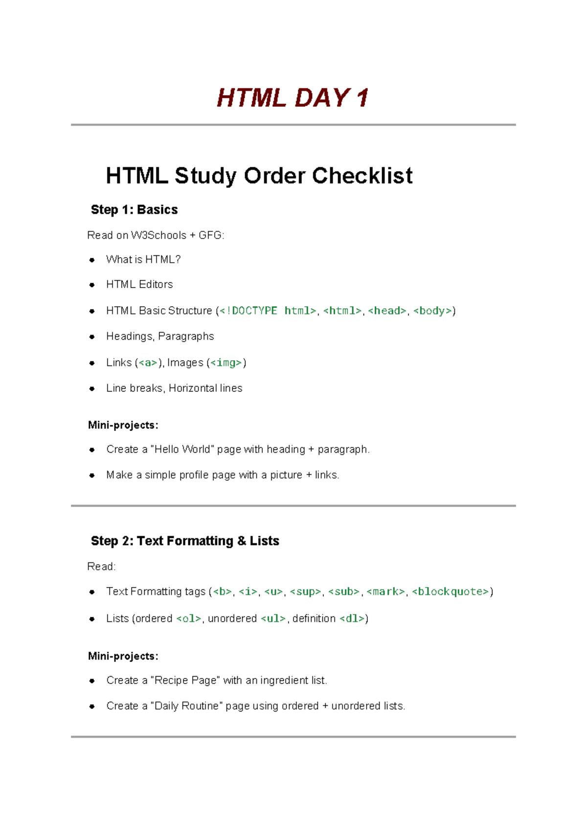 HTML 101: Day 1 Study Checklist and Mini Projects - Studocu