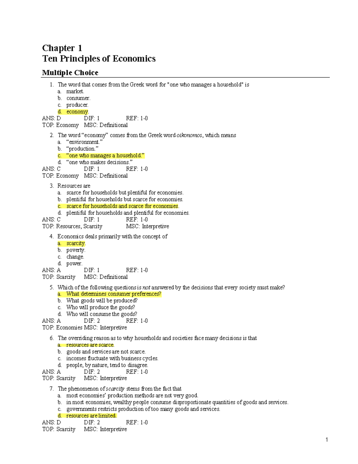 Testbank for Chapter 1: Principles of Economics Multiple Choice ...