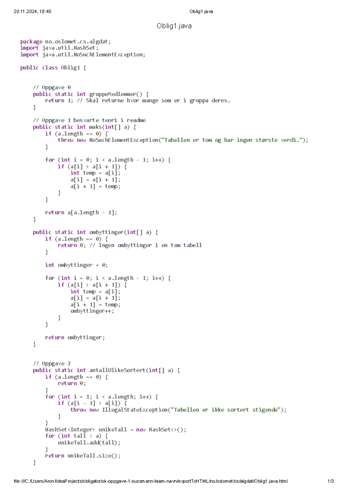 Oblig 1 - Algoritmer (CS101) Java Code Solutions - Studocu