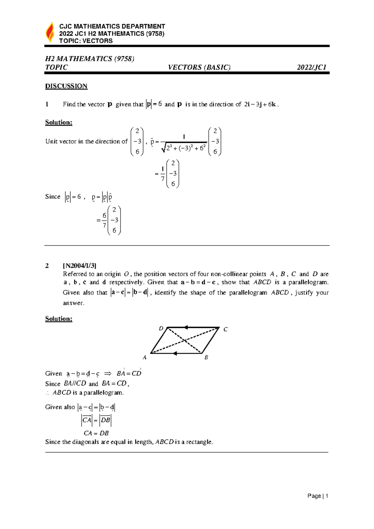 CJC H2 MATHEMATICS (9758) VECTORS DISCUSSION SOLUTIONS 2022 - Studocu