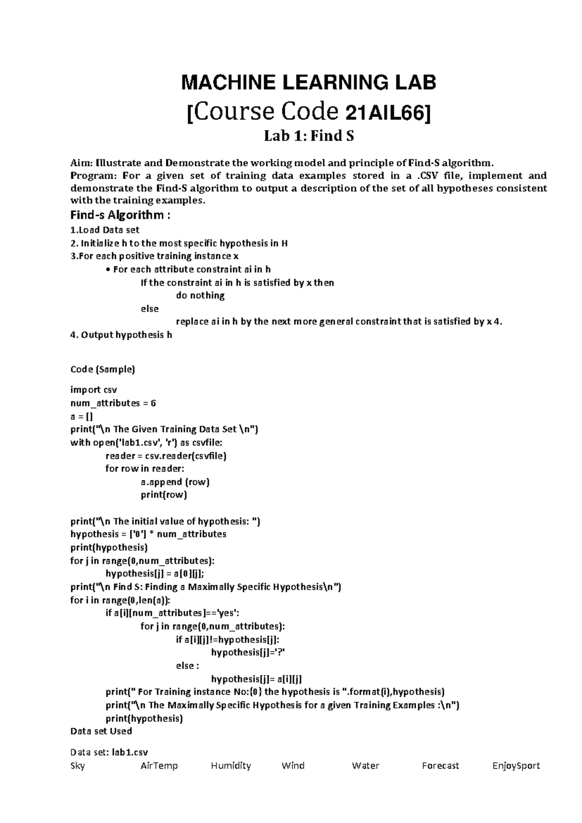Machine Learning LAB Manual [21AIL66]: Find-S Algorithm Implementation -  Studocu