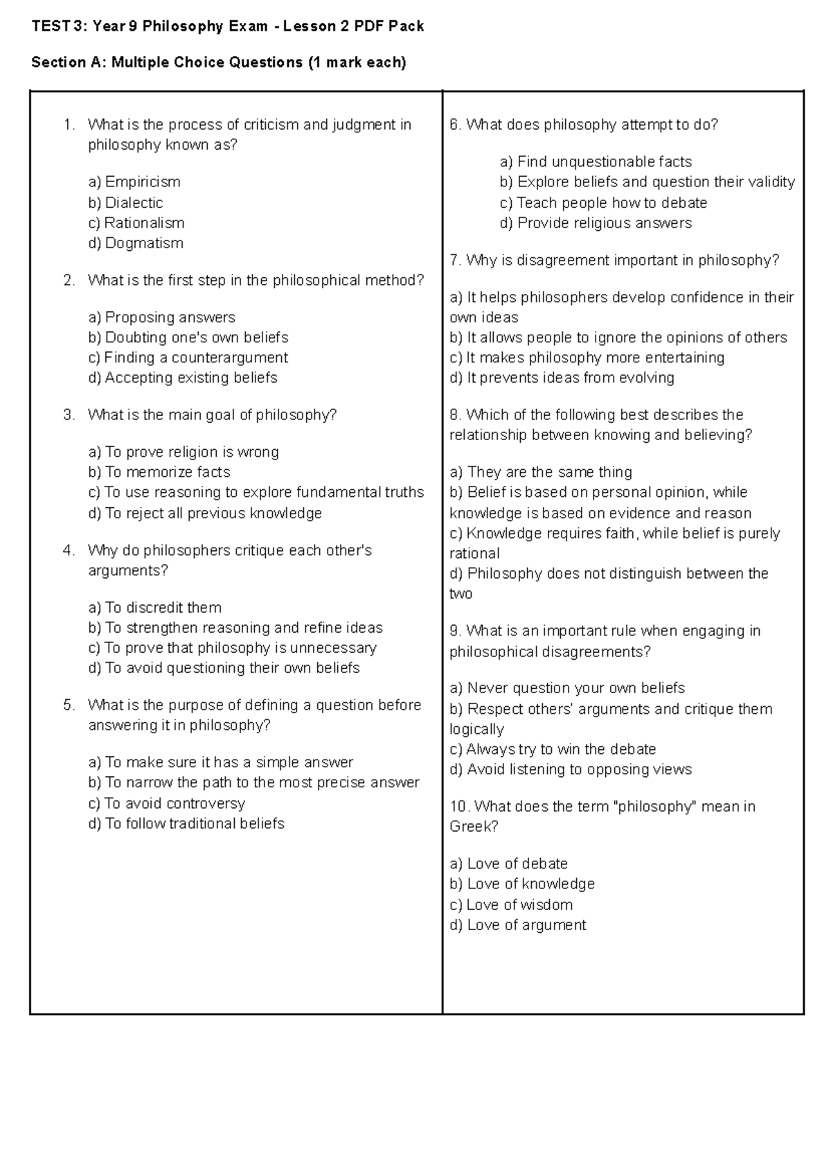 Test 3 - Philosophy Lesson 2 copy - TEST 3: Year 9 Philosophy Exam ...