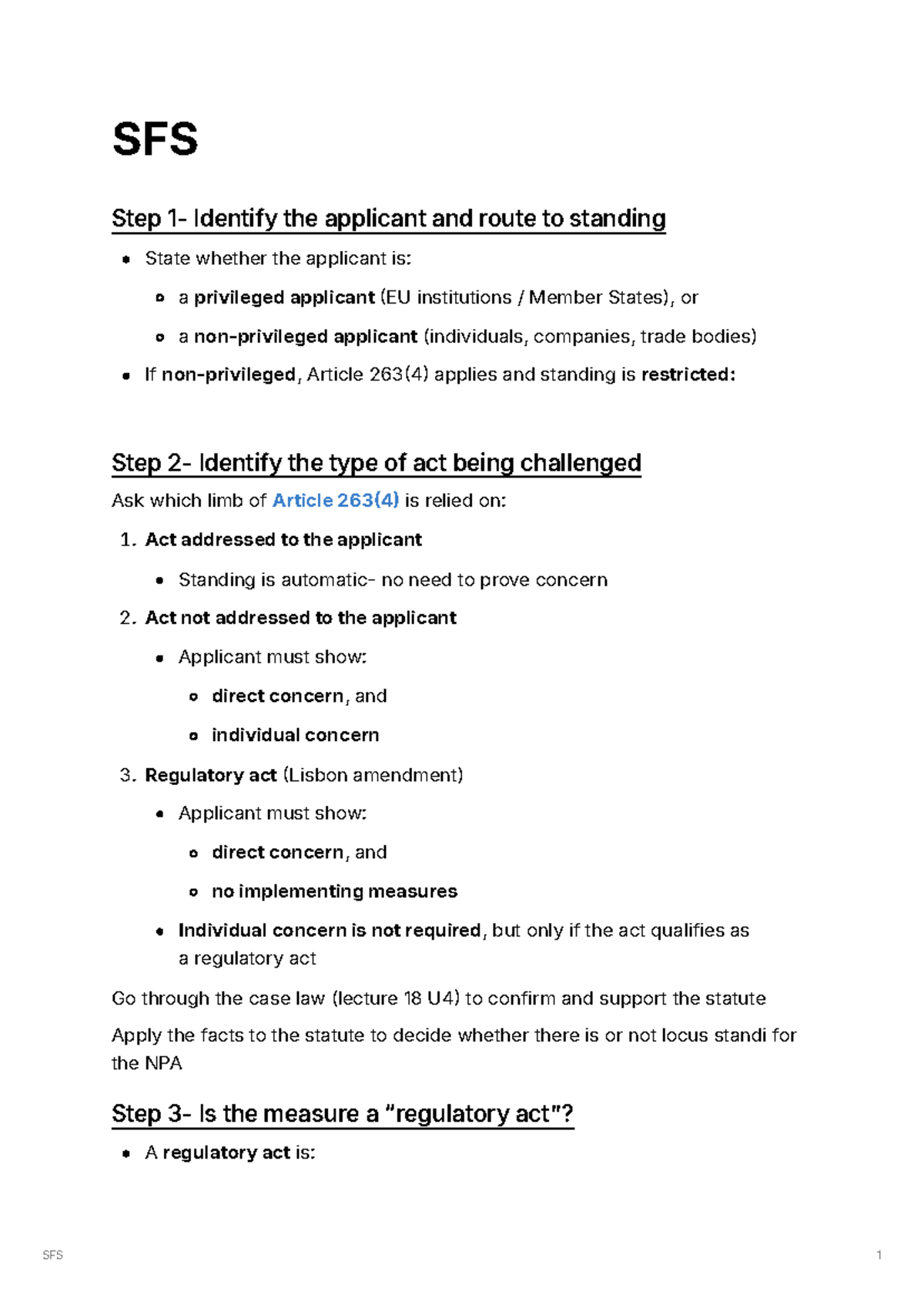 SFS 1: Understanding Applicant Standing and Regulatory Acts - Studocu