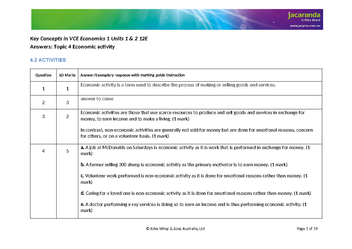 VCE Economics 1 Units 1 & 2: Chapter 4 Economic Activity Answers - Studocu