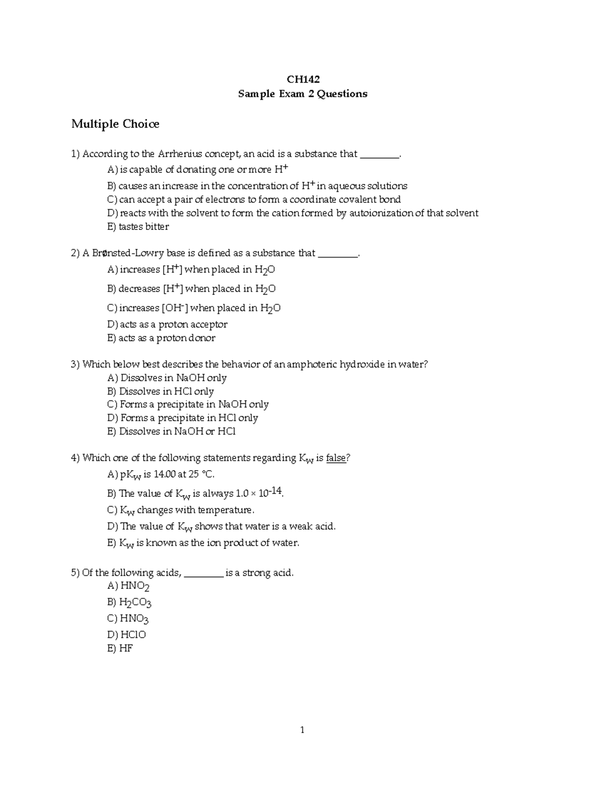 Sample Exam Questions 2 for CH: Acid-Base Concepts and Applications ...