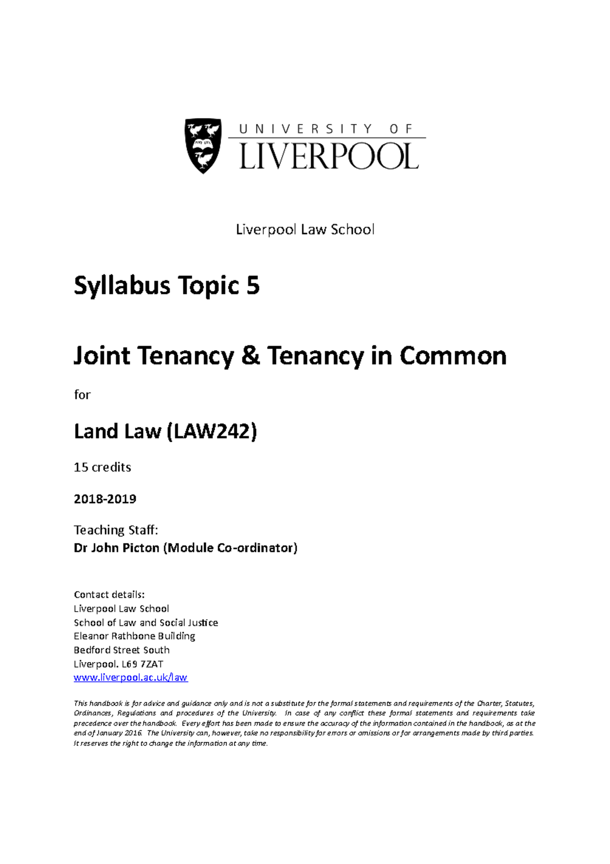 Topic 5 Joint Tenancy and Tenancy in Common - Liverpool Law School ...