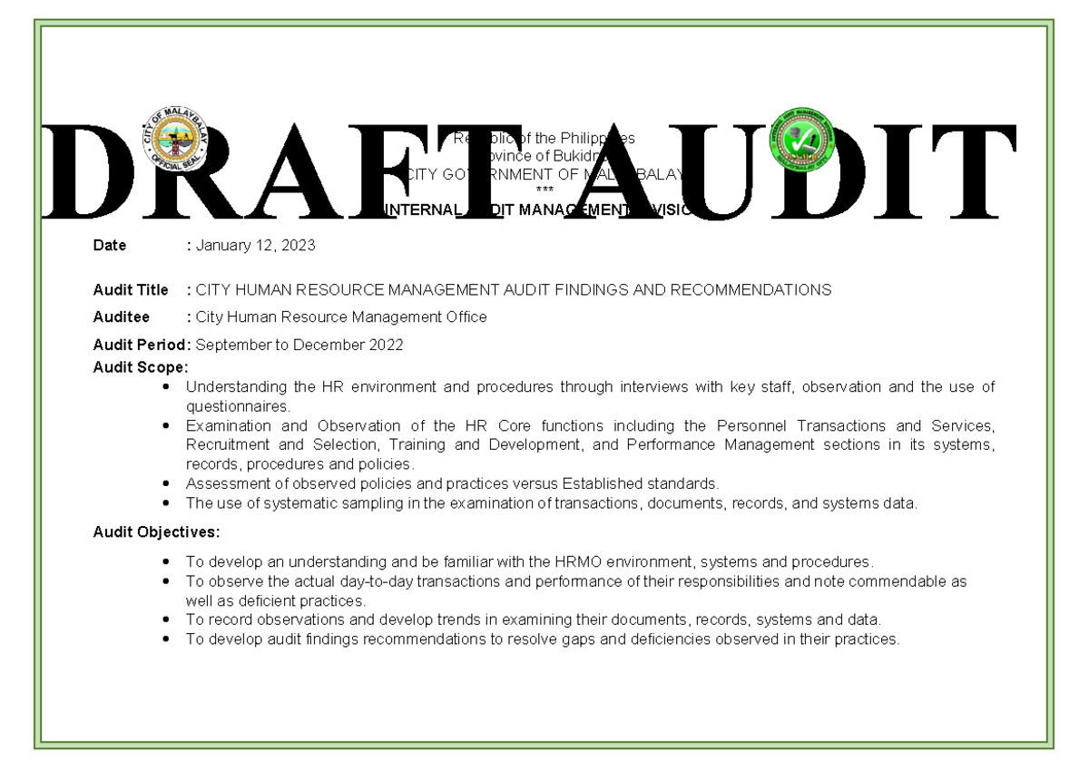 HR Audit Findings - DRAFT AUDIT Republic of the Philippines Province of ...