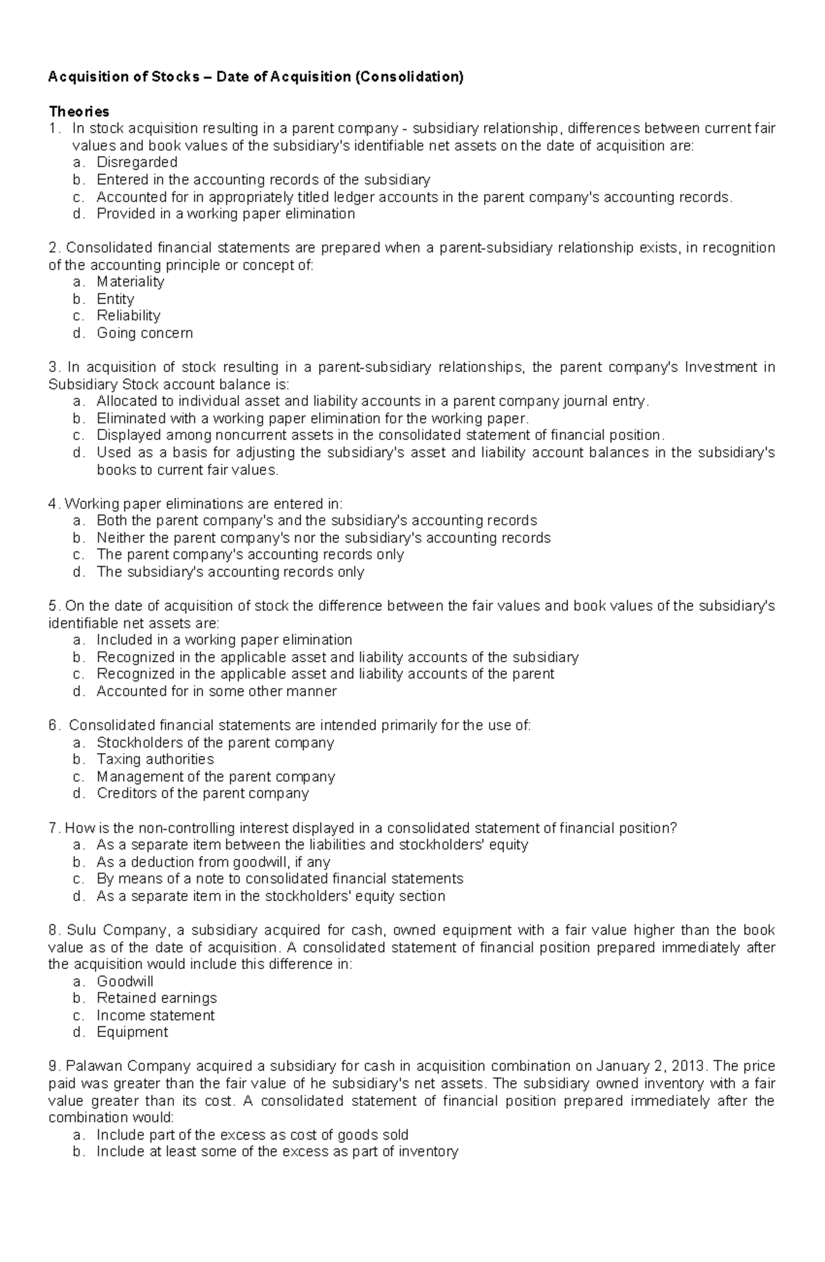 Consolidation Theories and Stock Acquisition - BUSCOM Notes - Studocu