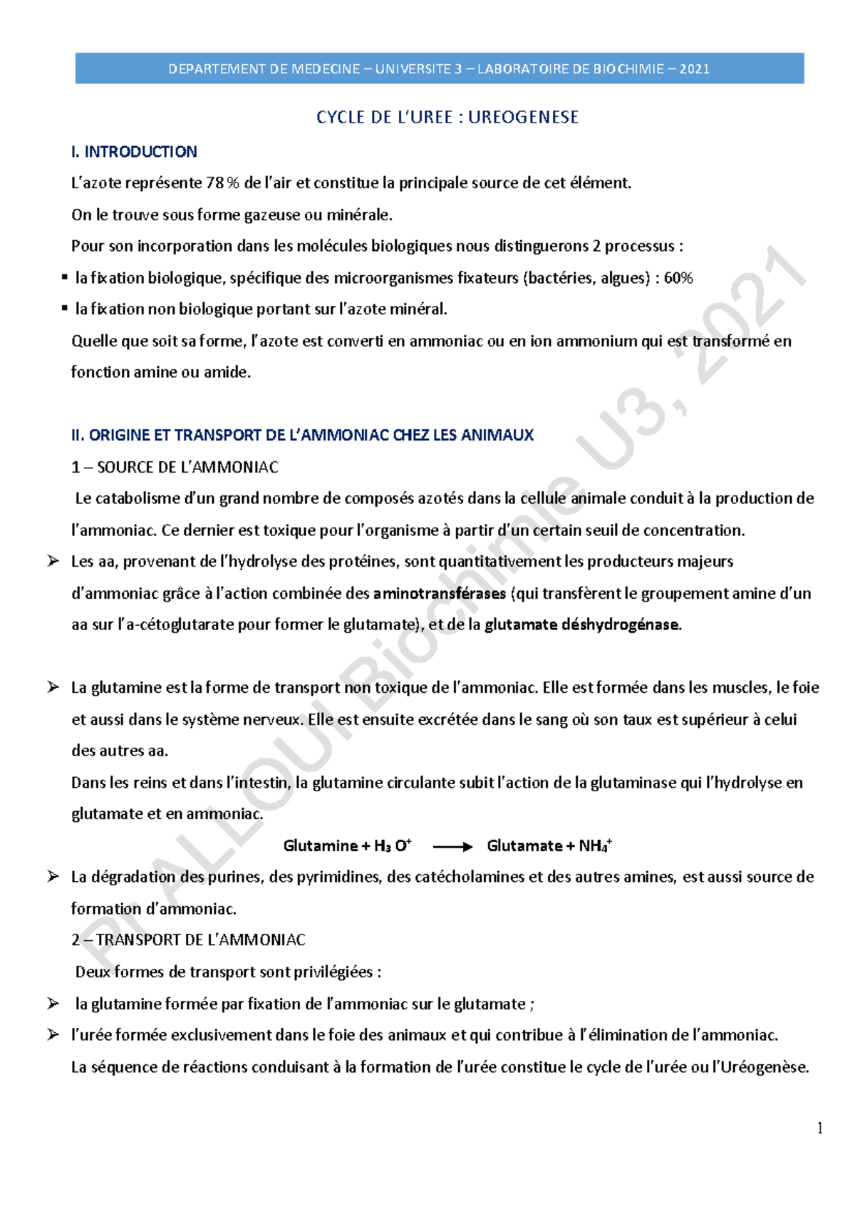 Bioch 1AN : Cycle de l'Urée & Urogénèse - Pr Alloui 2021 - Studocu