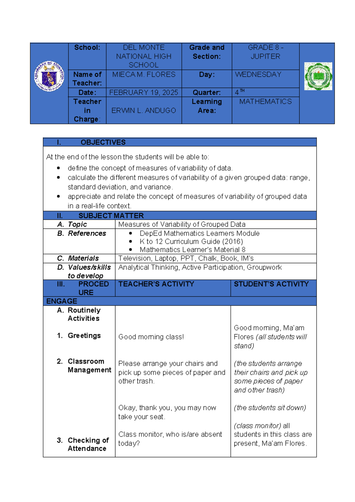 Measures of variability of grouped data - School: DEL MONTE NATIONAL ...