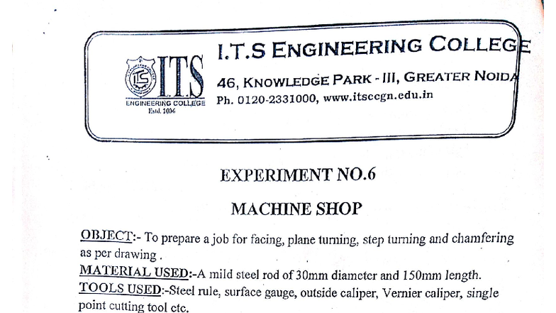Exp. No. 6: Machine Shop - Job Preparation for Turning & Chamfering ...