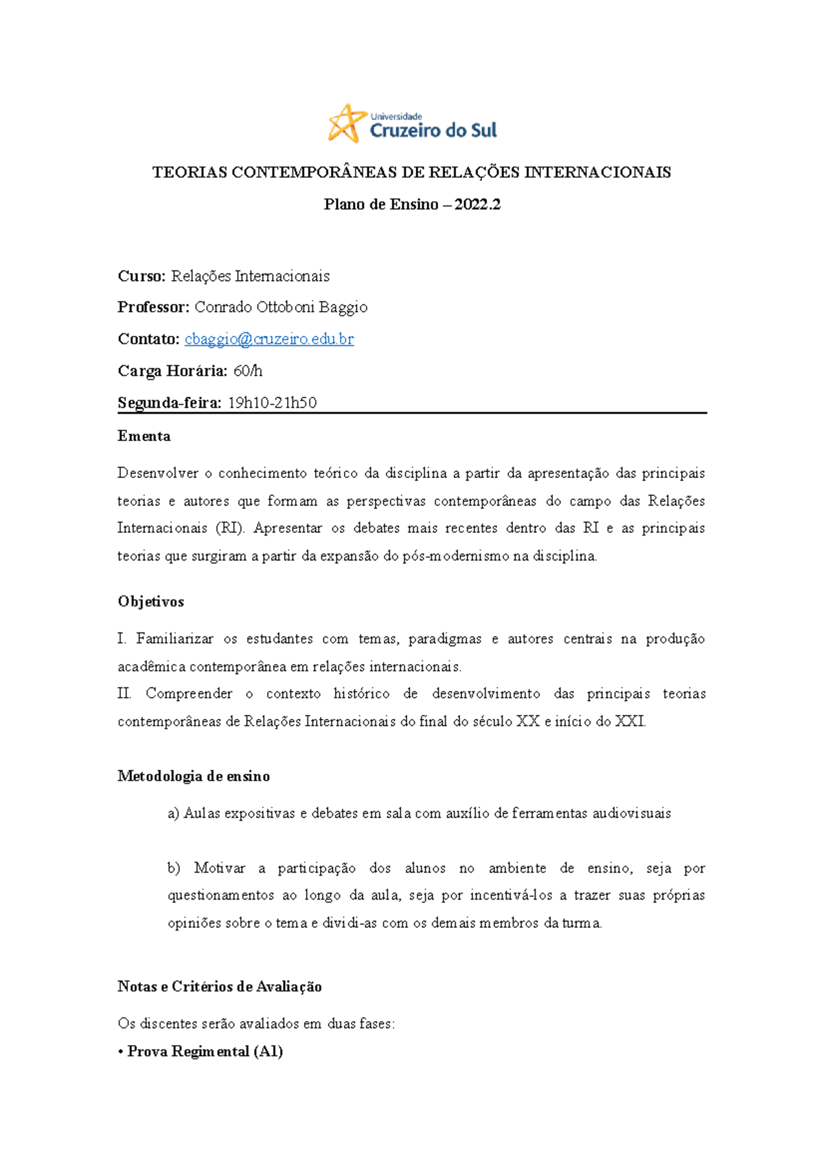 Teorias Contemporâneas de Relações Internacionais - Curso RI 07-09 - Document Preview