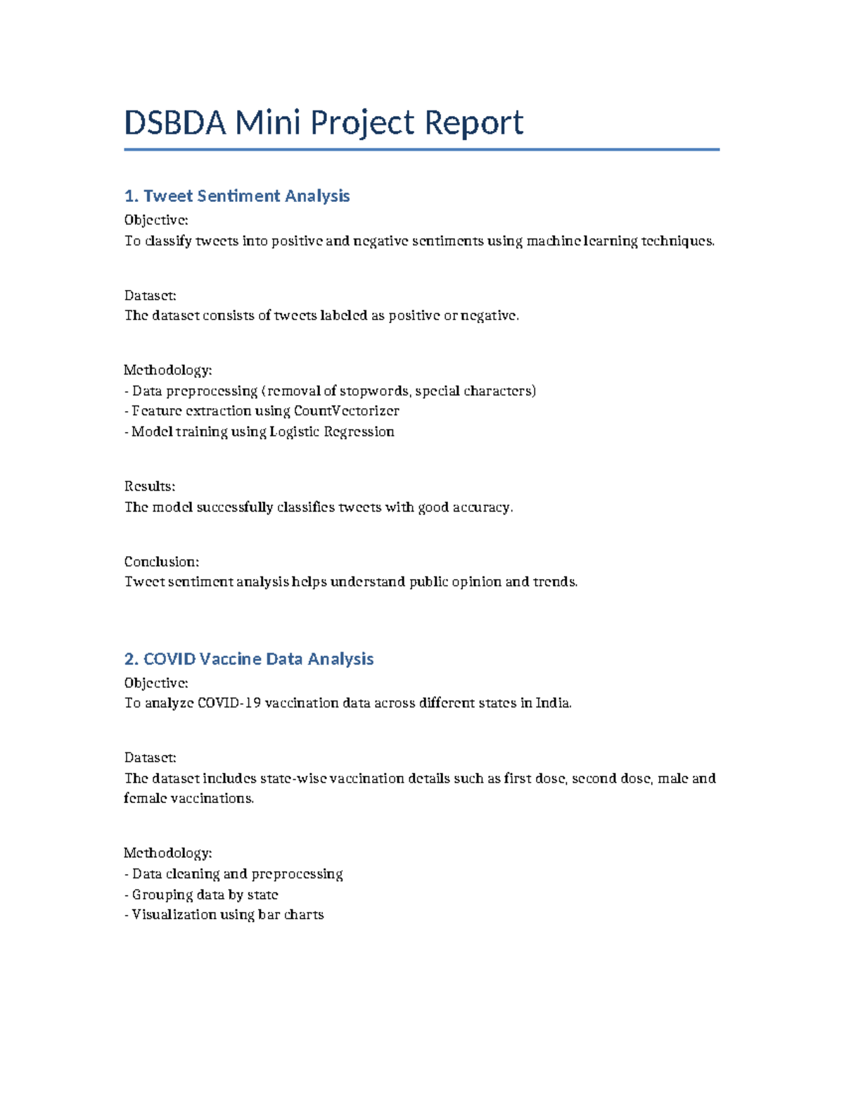 DSBDA Mini Project Report: Sentiment & Vaccine Data Analysis - Studocu