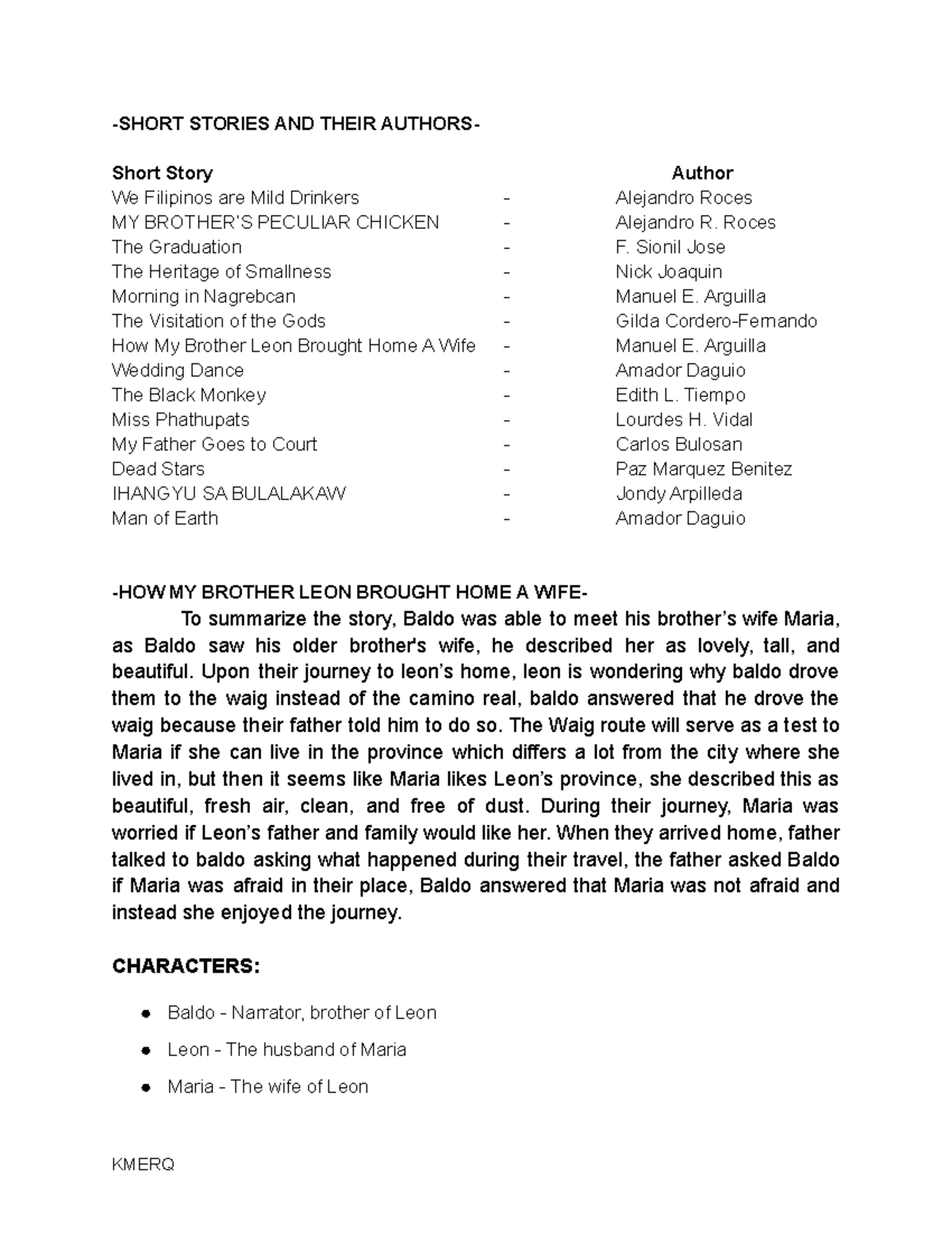 Reviewer EL113 - Lecture Notes on Short Stories and Analysis - Studocu