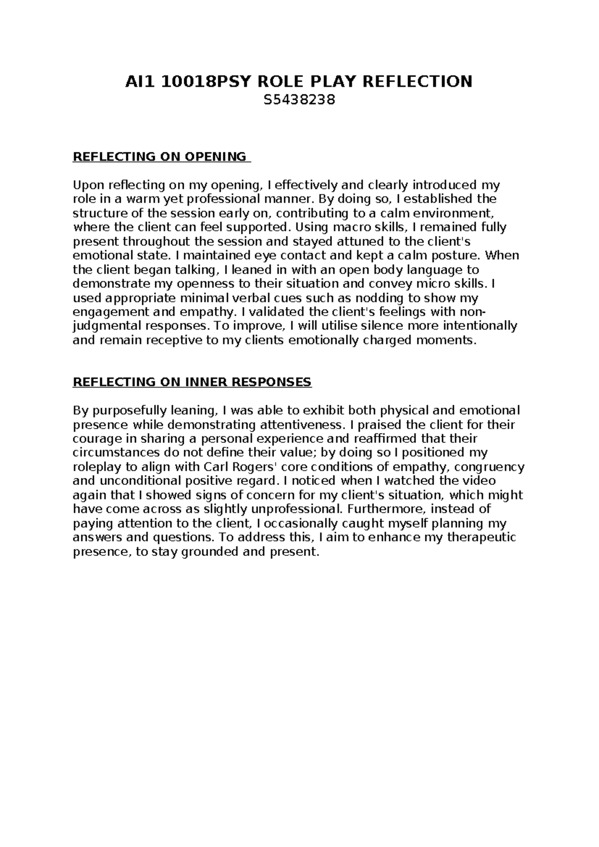 AI1 10018PSY Role Play Reflection: Enhancing Therapeutic Presence - Studocu