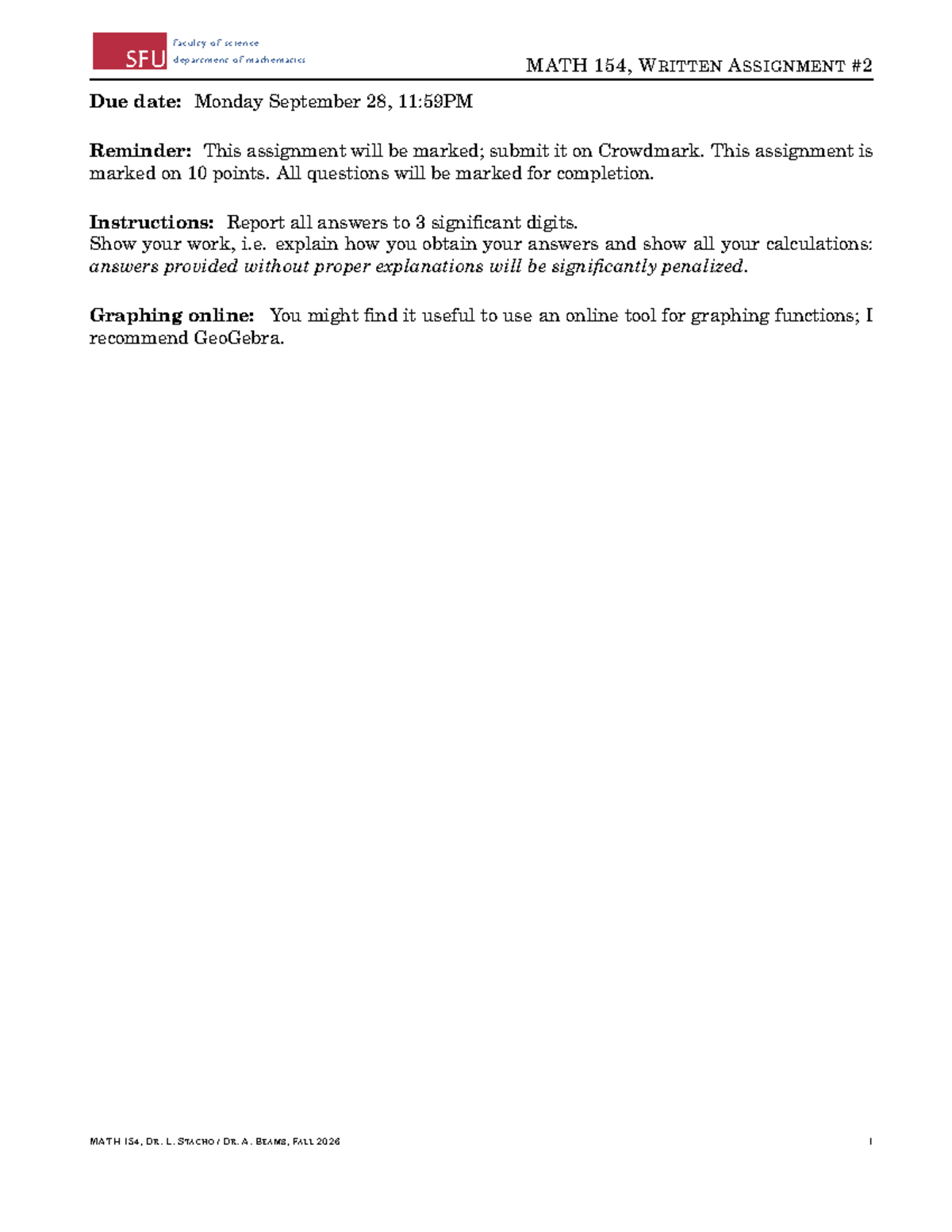 MATH 154, Fall 2010 Written Assignment 2 Answers - Studocu