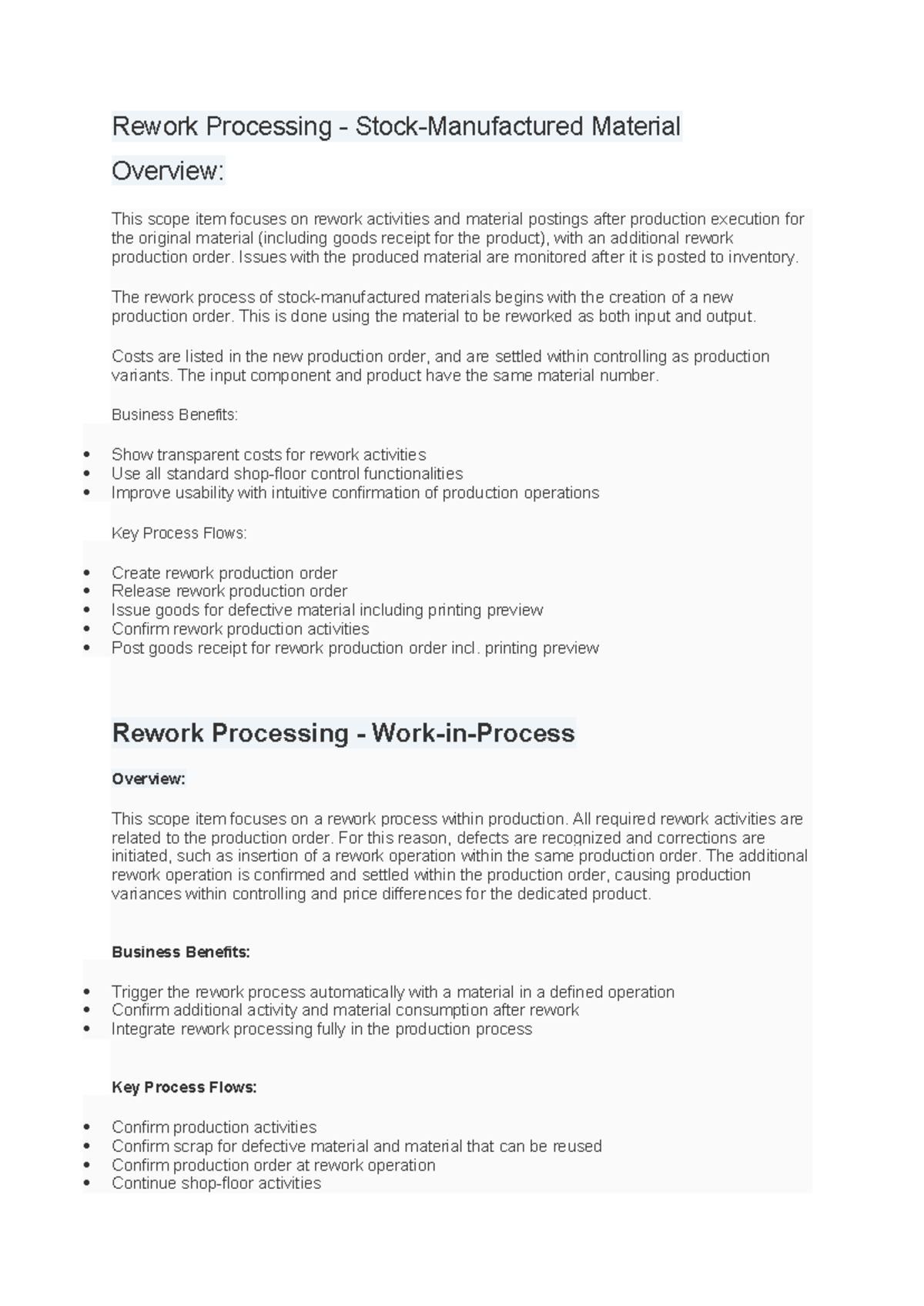 Rework Processing and Material Management Overview (S4 HANA 1909) - Studocu