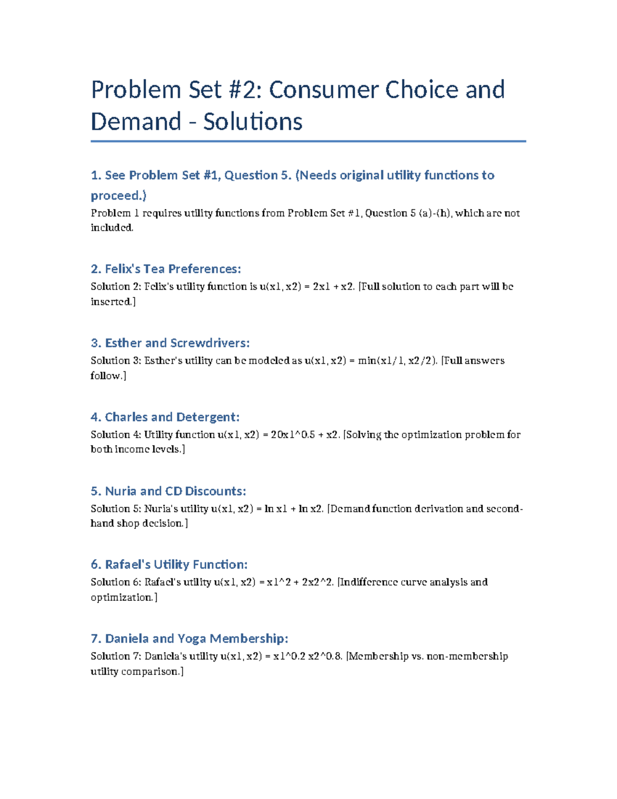 Microeconomics Problem Set 2: Consumer Choice & Demand Solutions - Studocu