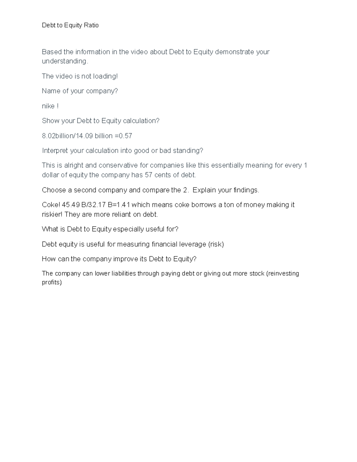 Debt to Equity Ratio Analysis: Comparing Nike and Coke - Studocu