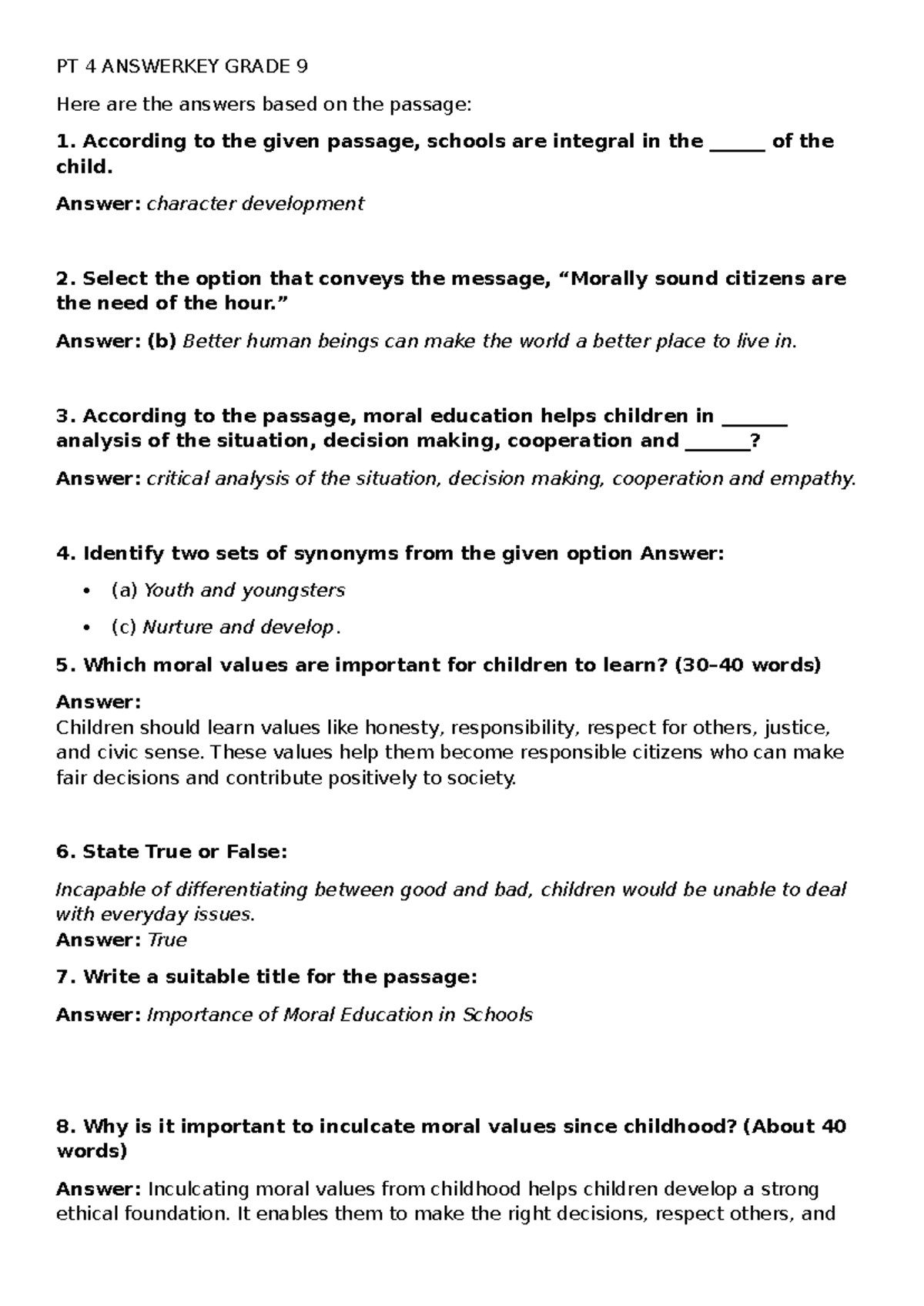 PT 4 Answer Key - Grade 9 Moral Education & Wetlands - Studocu