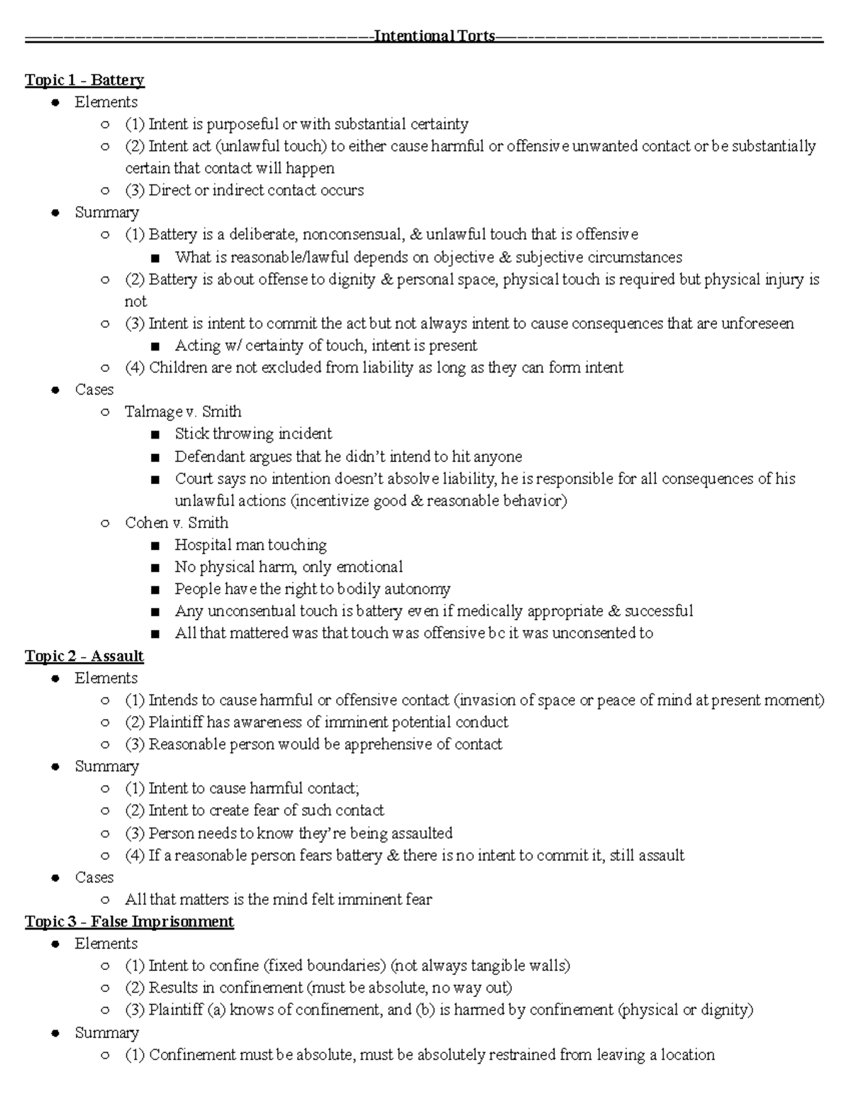 Torts Final Exam Outline - Key Topics and Case Summaries - Studocu
