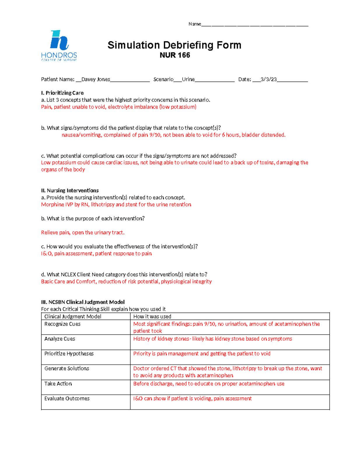 NUR 166 Simulation Debriefing Form: Prioritizing Care & Nursing ...