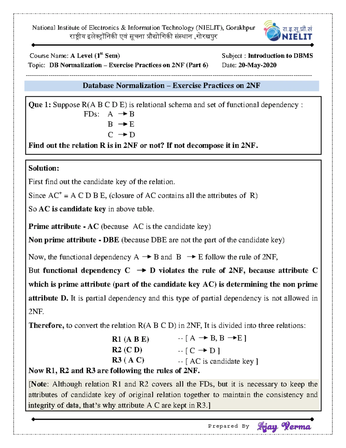 NIELIT A Level 1st Sem: DBMS Lecture Notes on 3NF Normalization - Studocu
