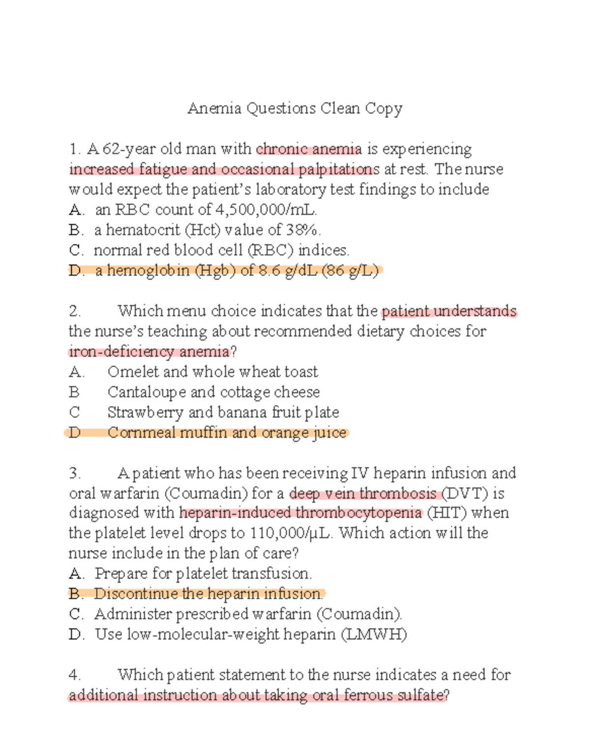 Anemia Practice Questions - Lecture Notes Review for Nursing 101 - Studocu
