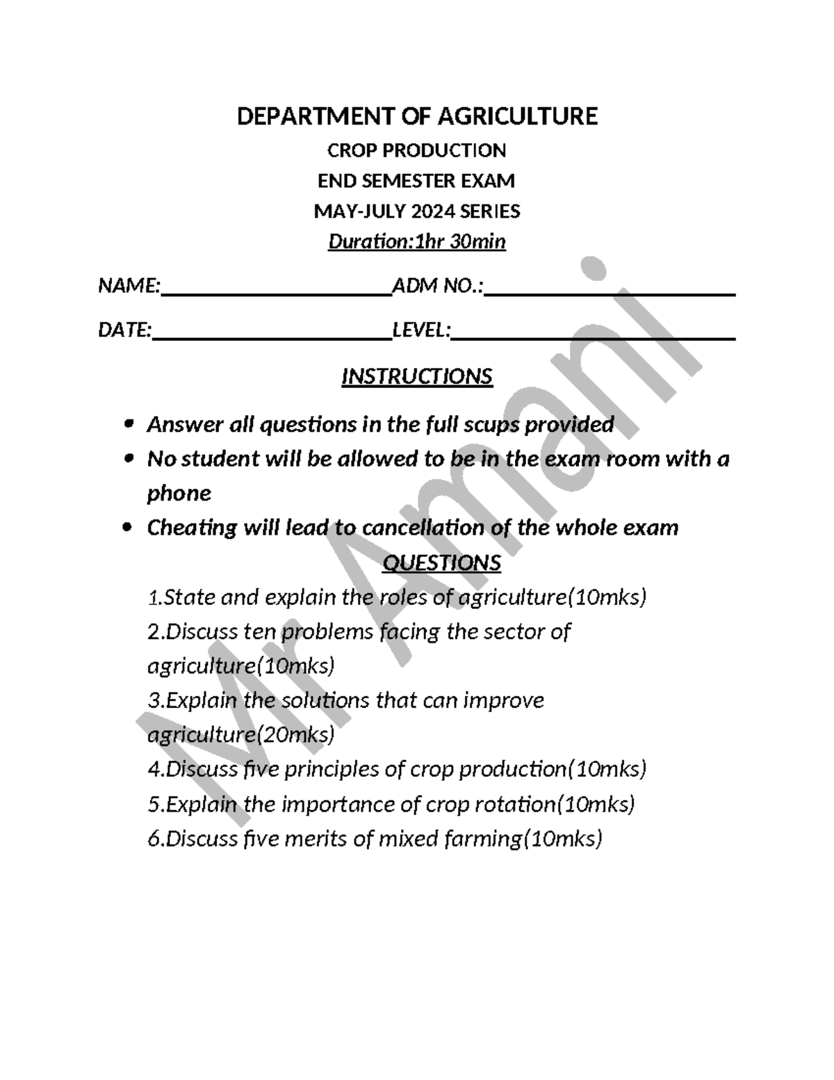 CROP PRD - EXAM - DEPARTMENT OF AGRICULTURE CROP PRODUCTION END ...