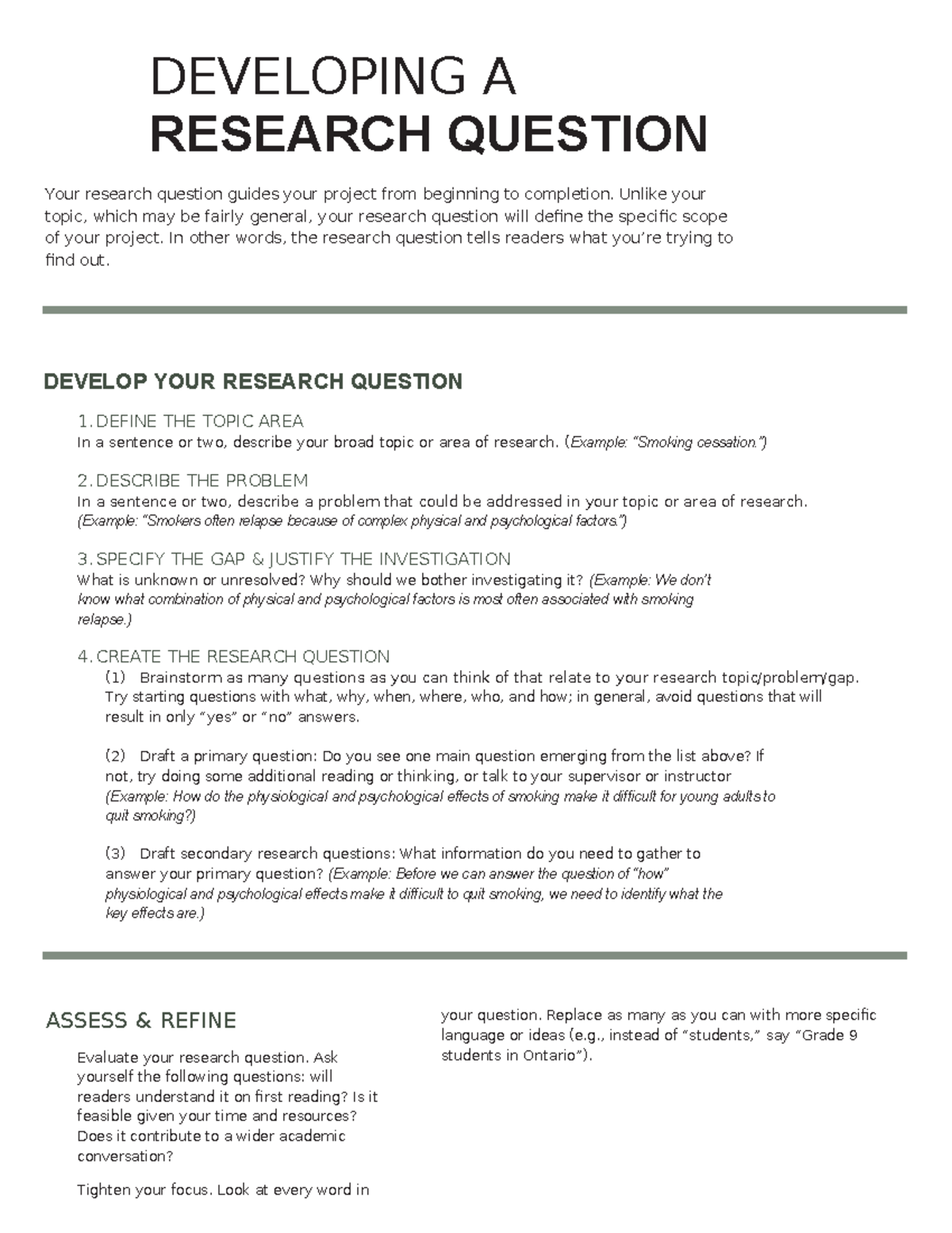 Developing a Research Question Worksheet - DEVELOPING A RESEARCH ...