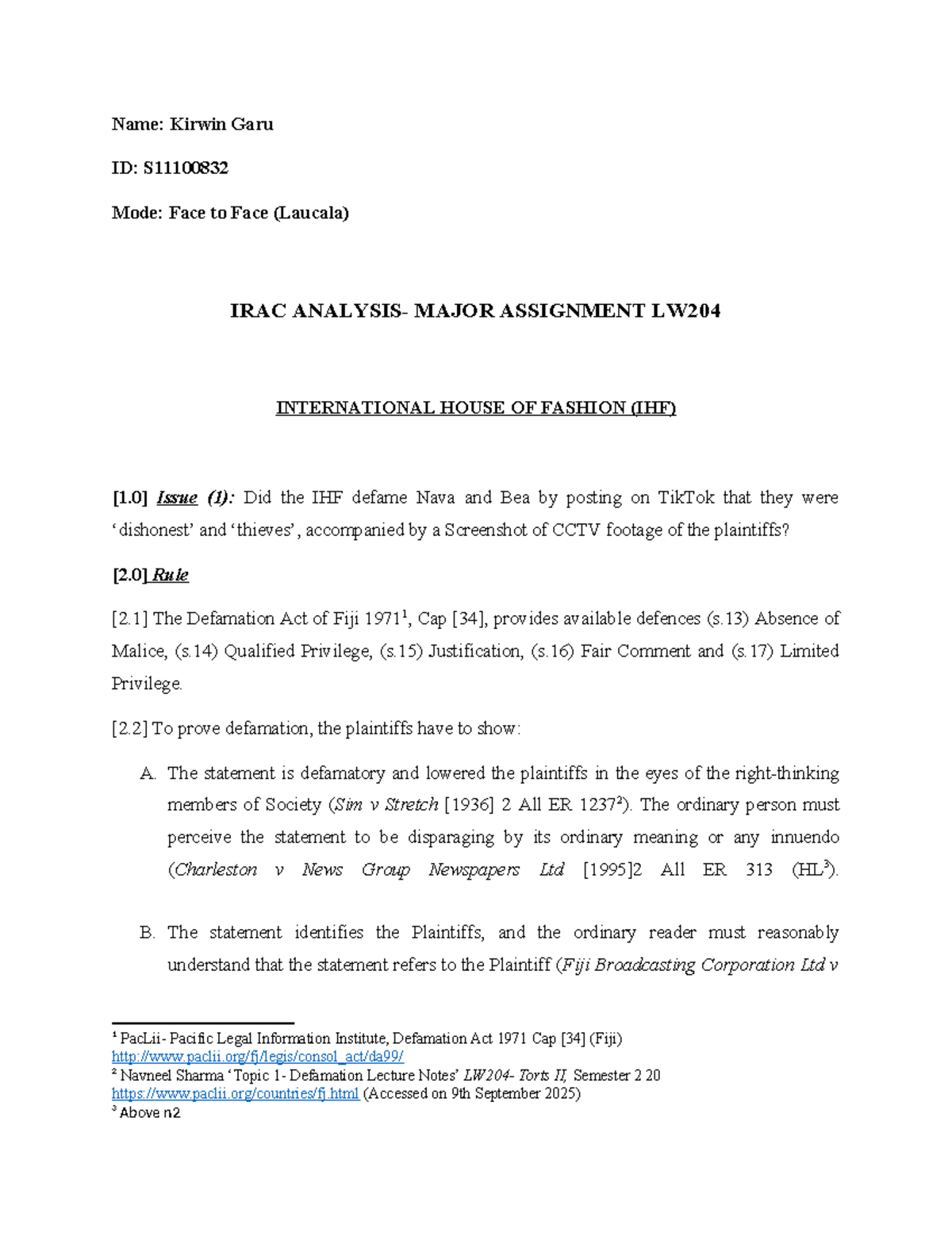 LW204 Major Assignment: Defamation Case Study on IHF and TikTok - Studocu