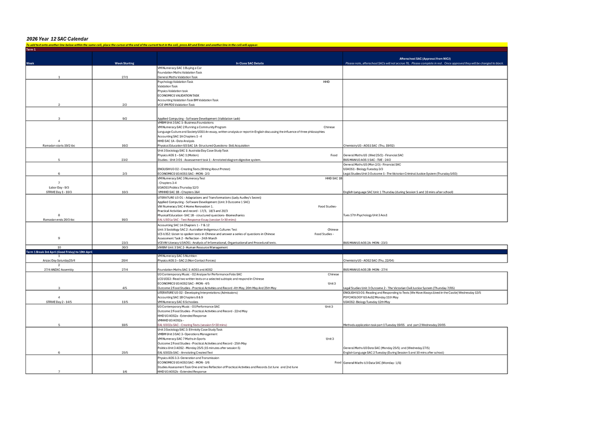 2026 Year 12 SAC Calendar: Important Dates and Tasks - Studocu