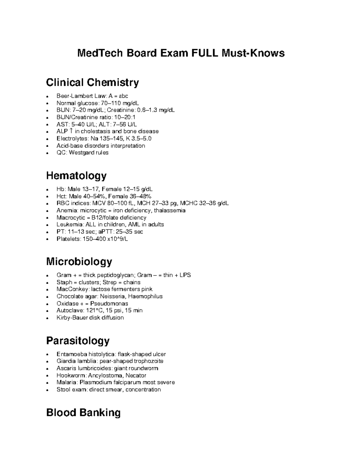 MedTech Board Exam: Clinical Chemistry & Hematology Overview - Studocu