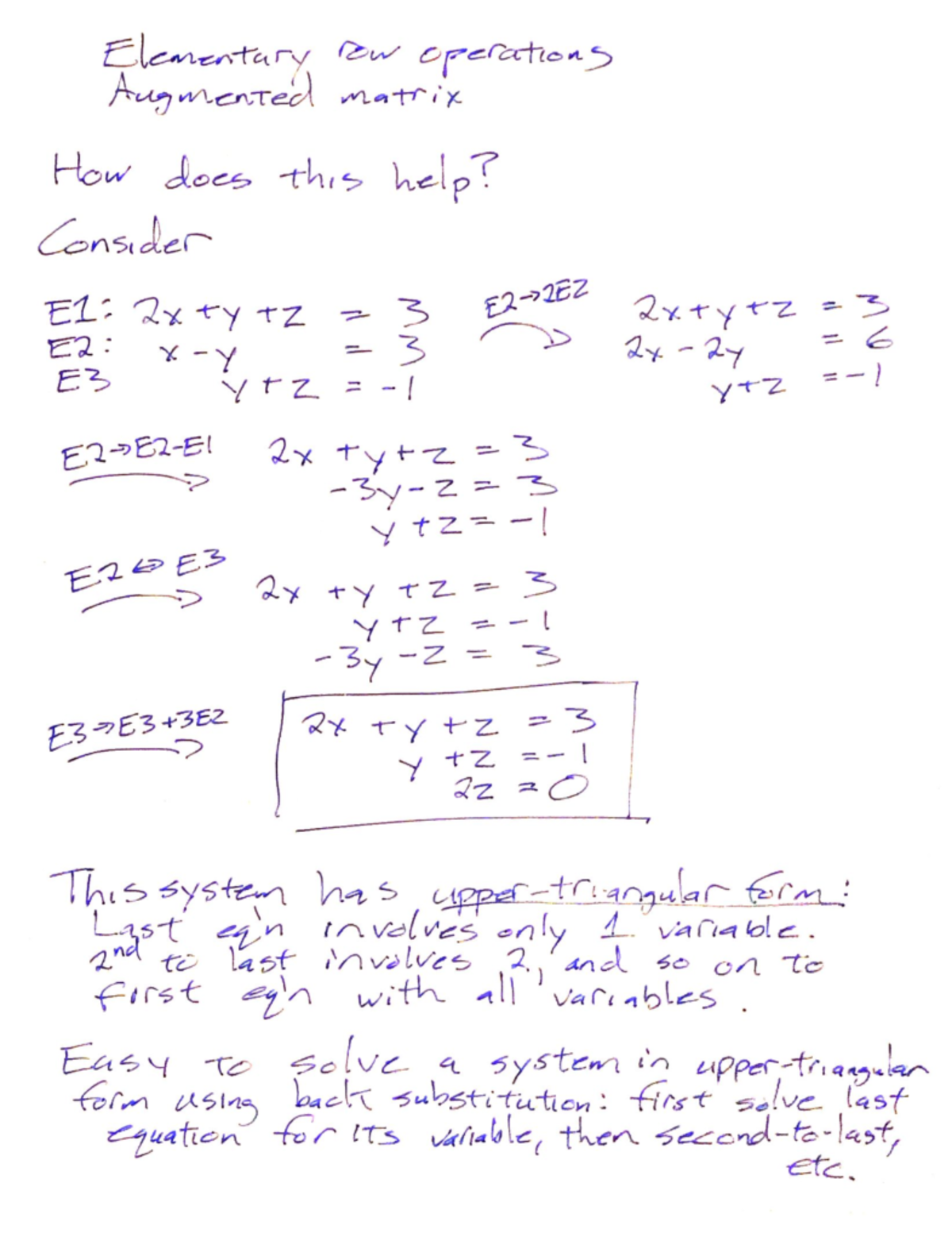 Lecture 15 part2 - notes - Elementary row operations AugmenTed matrix ...