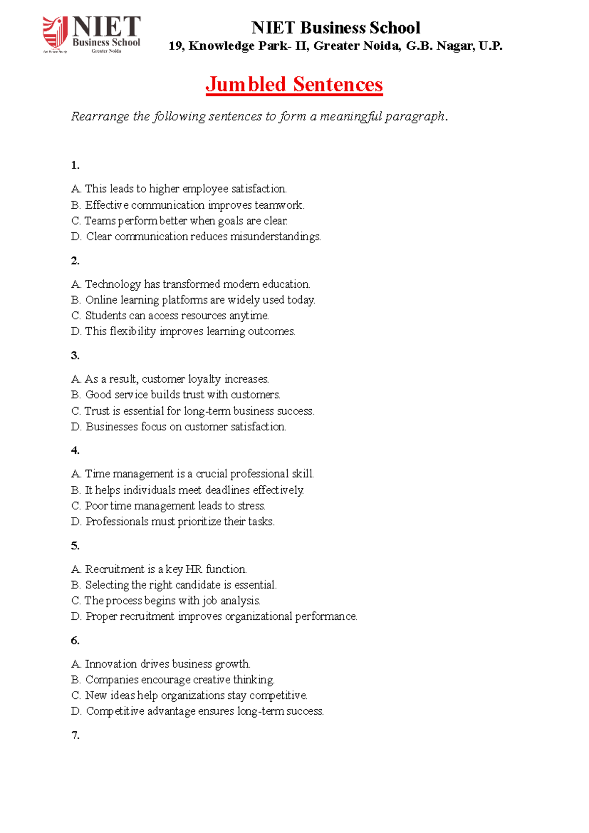 Jumbled Sentences Exercise - NIET Business School 19 - Studocu