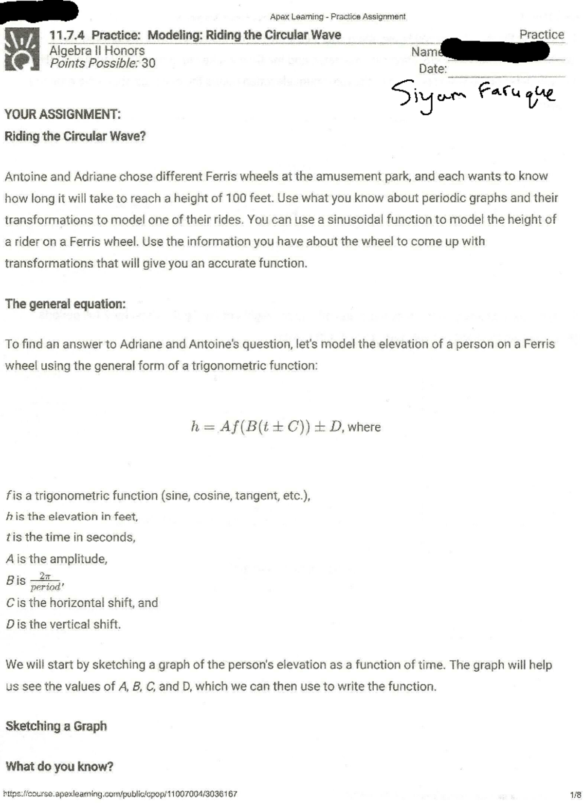 Apex Learning Algebra II Honors Practice Assignment 11.7.4: Circular ...
