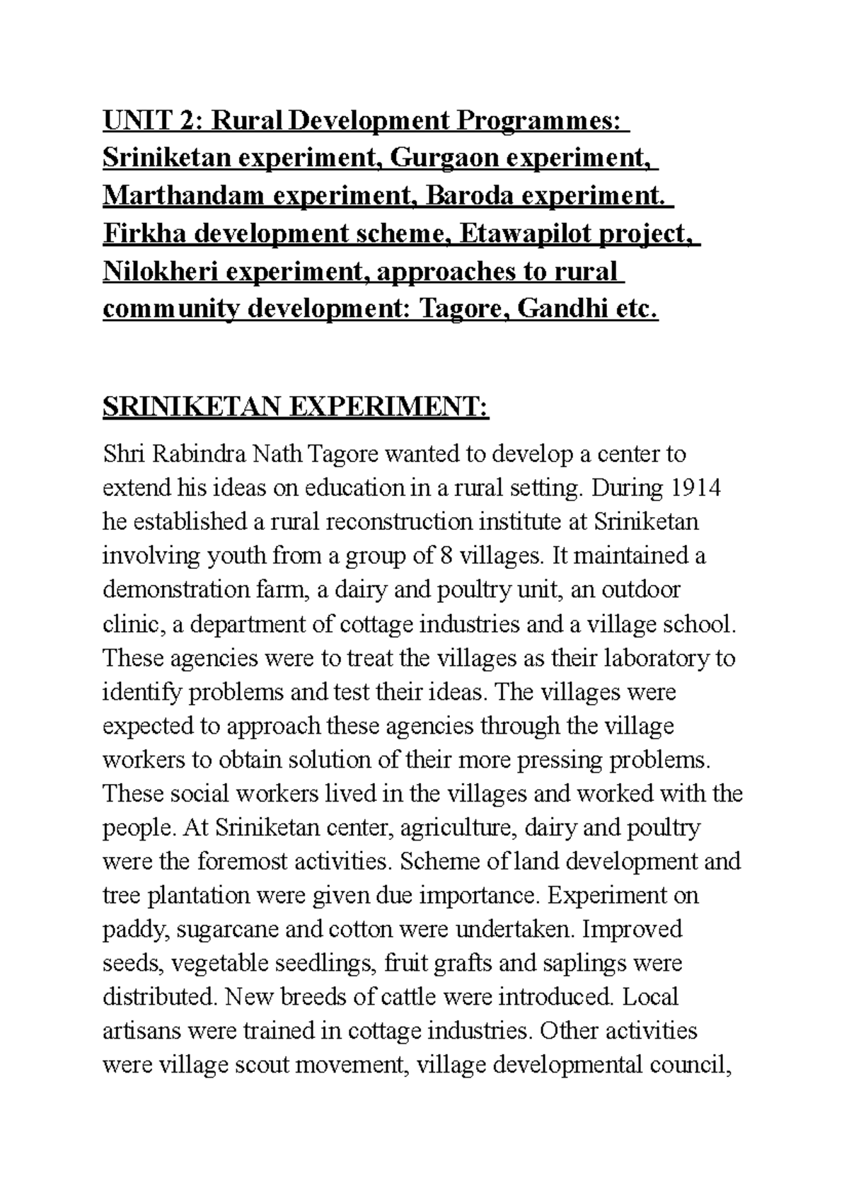 UNIT 2: Rural Development Programmes - Key Experiments and Approaches ...