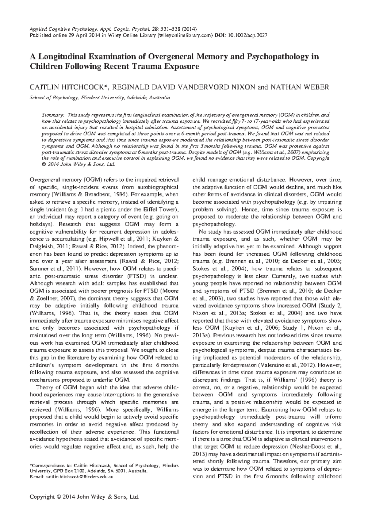 A Longitudinal Study on OGM and Psychopathology in Children Post-Trauma ...
