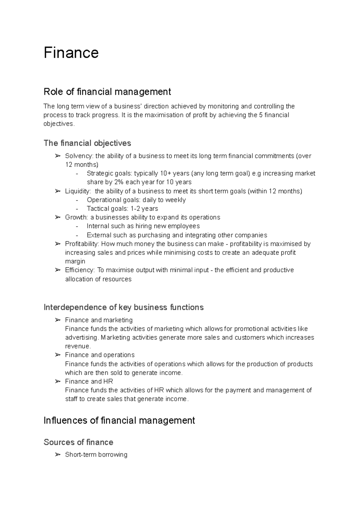 Business Y12 - Finance Notes: Financial Management Insights - Studocu