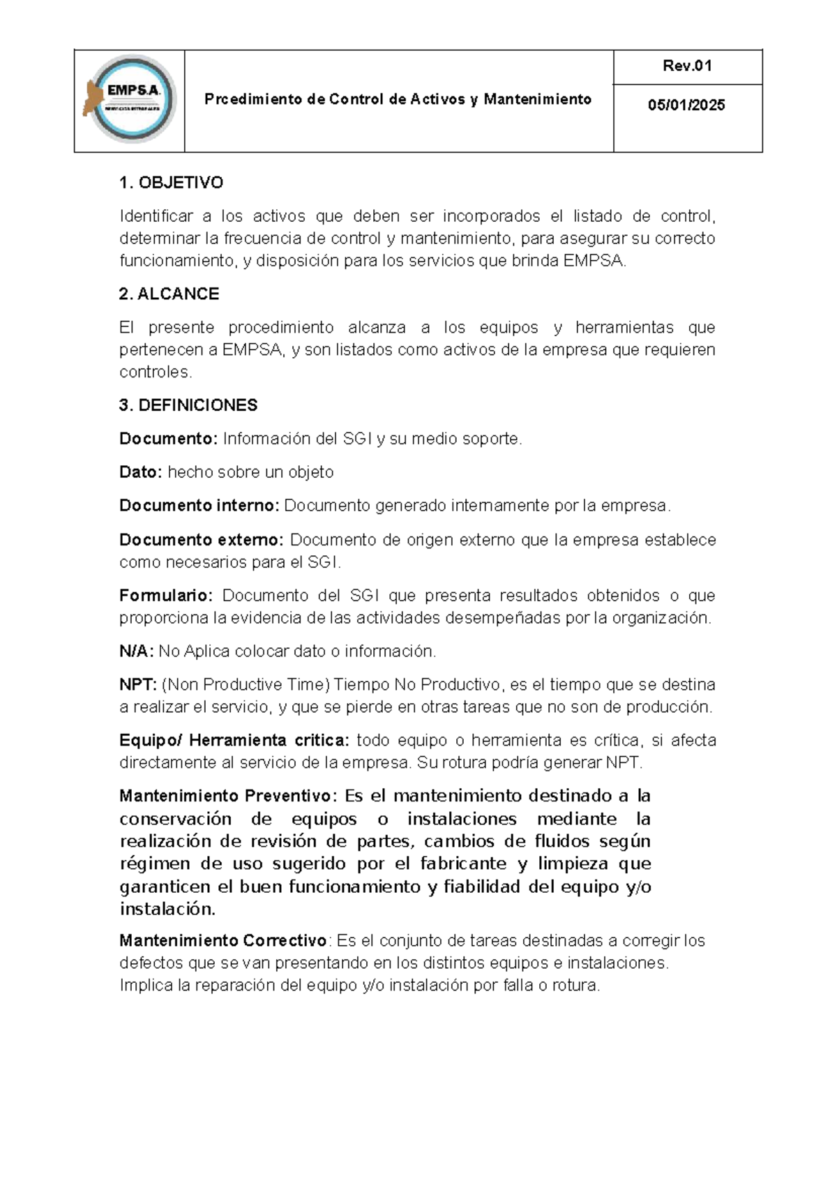 Rev.01 Procedimiento de Control y Mantenimiento de Activos EMPSA - Studocu