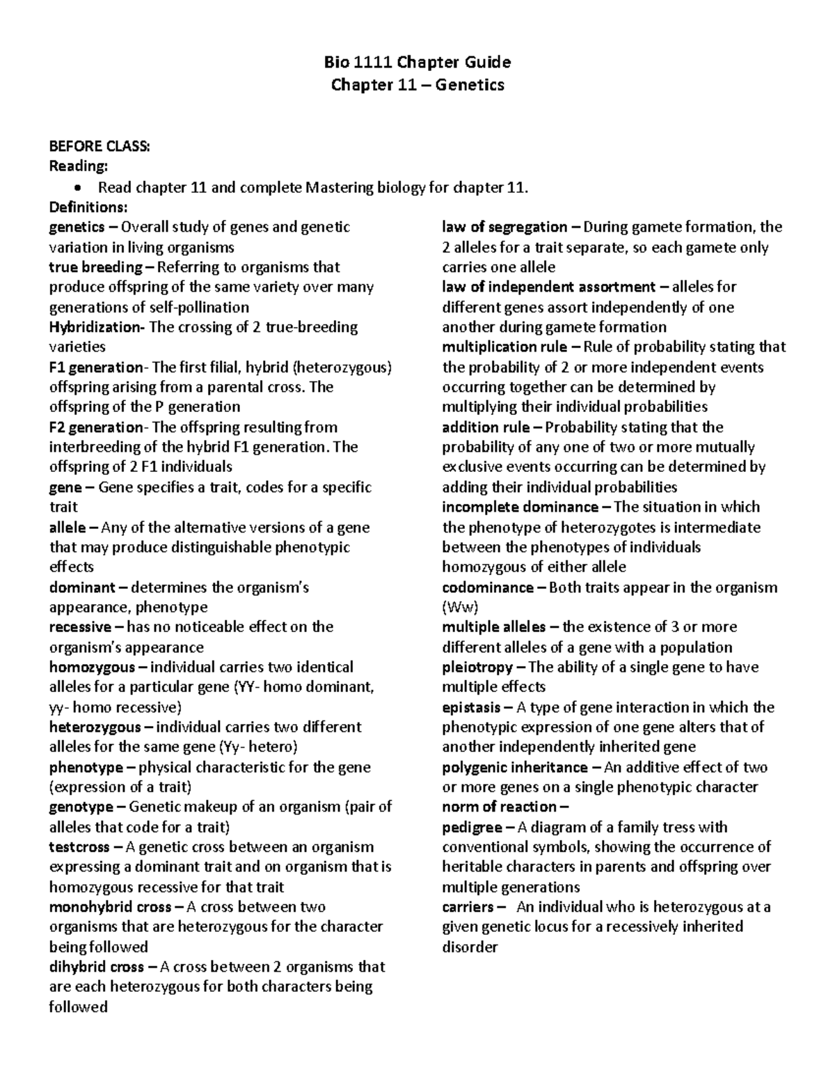 Bio 1111 Chapter 11 Genetics Study Guide and Review Worksheet - Studocu