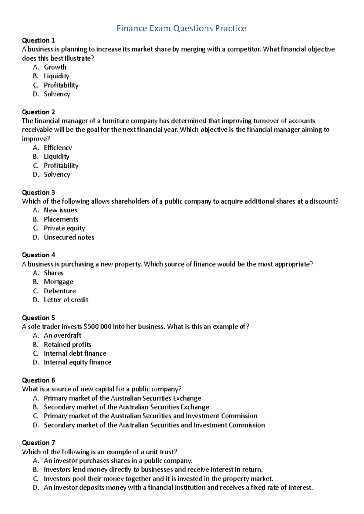 Finance Exam Questions: Practice for Course FIN101 - Studocu