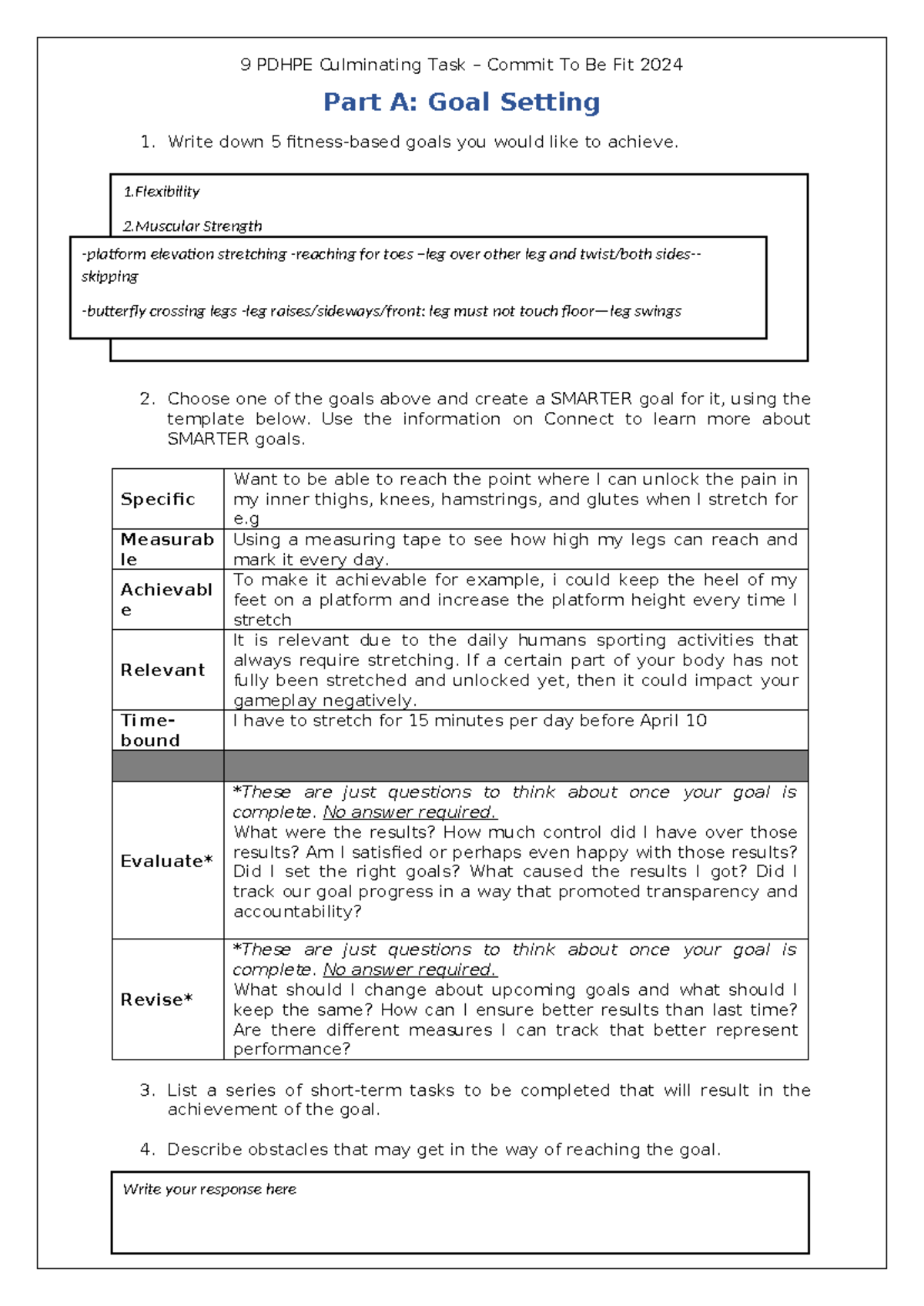 9 PDHPE Culminating Task - Goal Setting & Fitness Program 2024 - Studocu