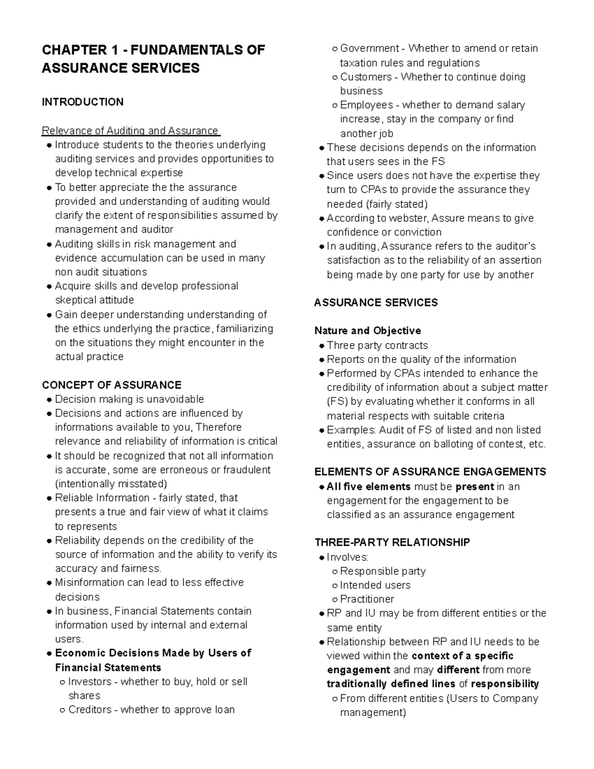 Chapter 1 - Fundamentals of Assurance Services (Auditing Basics) - Studocu