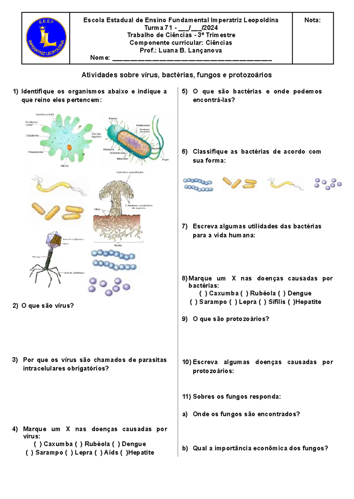 Atividades sobre Vírus, Bactérias, Fungos e Protozoários - 7º Ano - Studocu